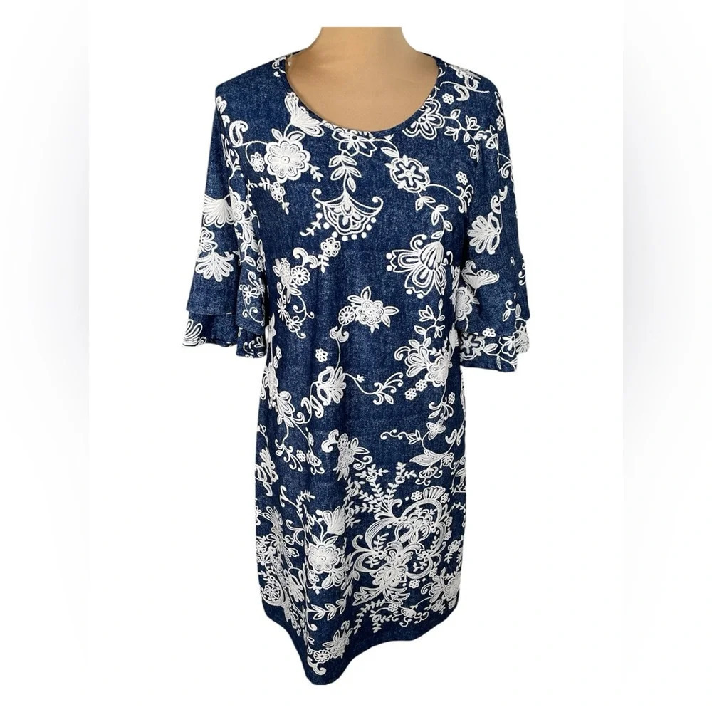 TACERA Dress Blue‎ White Lace Floral Beach Dress Size Medium Stretch